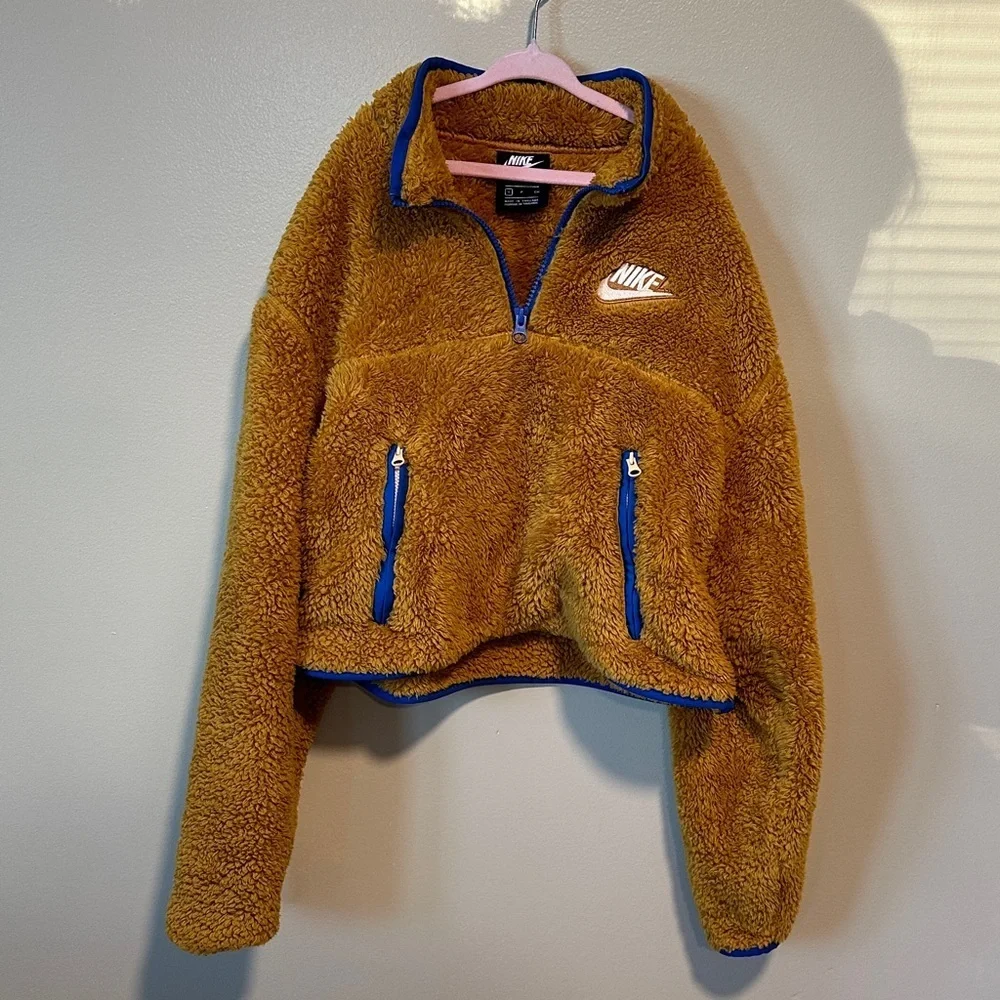Nike Tan Fleece Jacket with Blue Trim kids size small